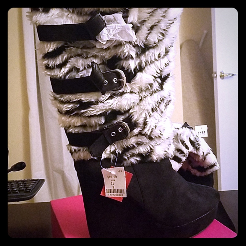 Faux fur black and white wedge boots